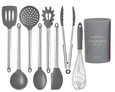 Heat-resistant silicone kitchen utensil set, safe up to 446°F and dishwasher safe.