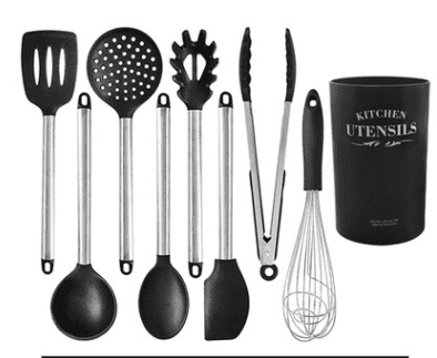Heat-resistant silicone kitchen utensil set, safe up to 446°F and dishwasher safe.