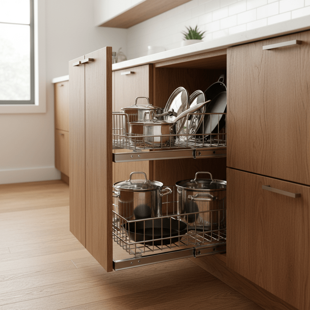 Pull-out cabinet organizer sliding rack with cookware and kitchen supplies for easy access in modern kitchen.