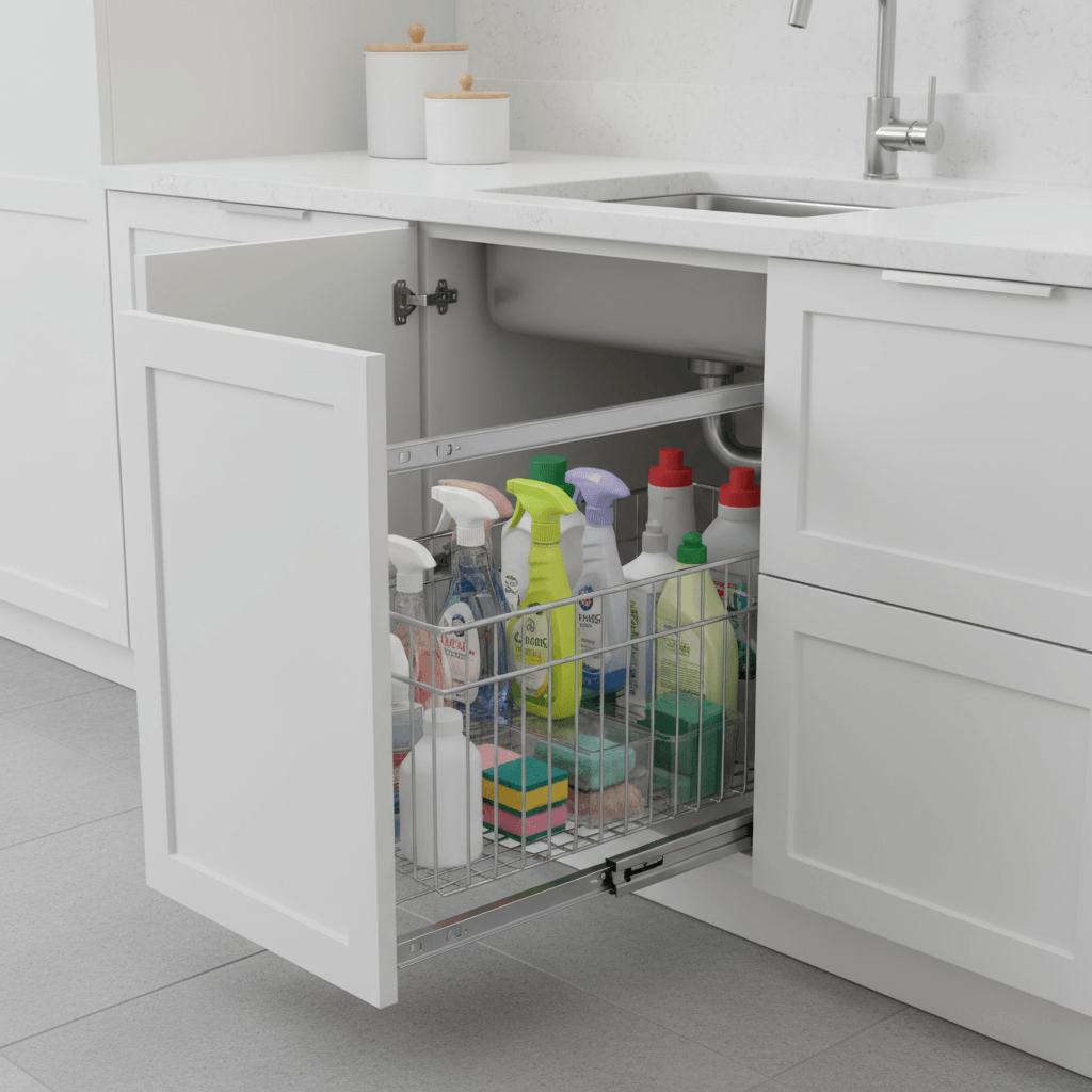 Pull-out cabinet organizer sliding rack in kitchen, showcasing cleaning supplies neatly stored for easy access.