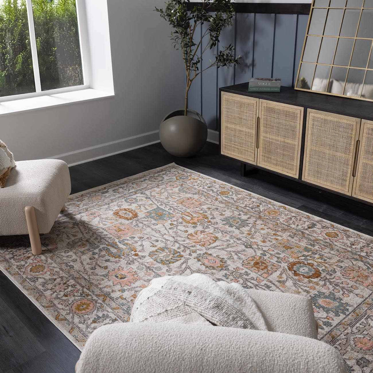 Elegant area rug in a modern living room, enhancing decor with warmth and style.