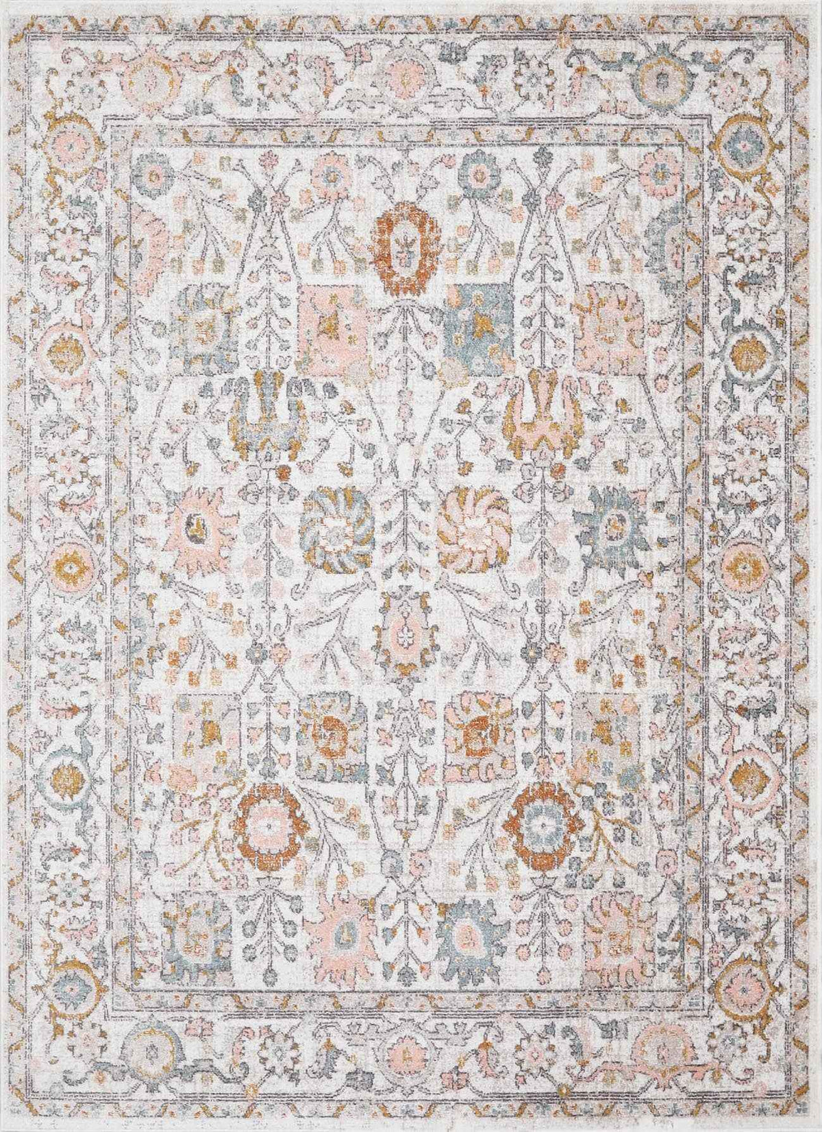 Elegant area rug featuring intricate floral designs in soft pastel colors for stylish home decor.