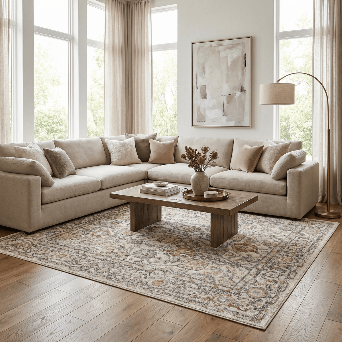 Herstmonceux elegant area rug set in a stylish living room with a sectional sofa and coffee table.