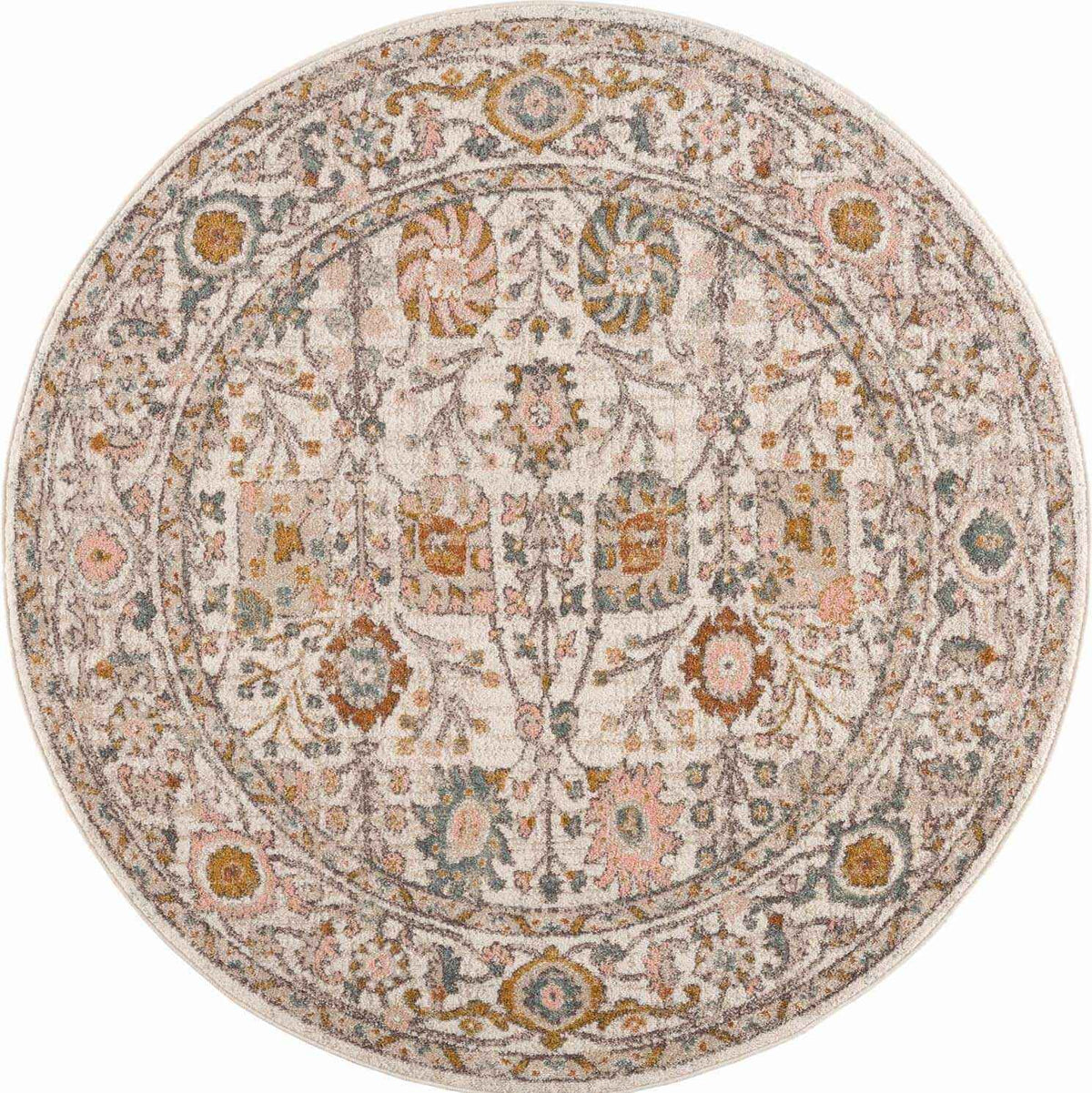 Elegant area rug with intricate floral patterns and muted colors, perfect for modern home decor.