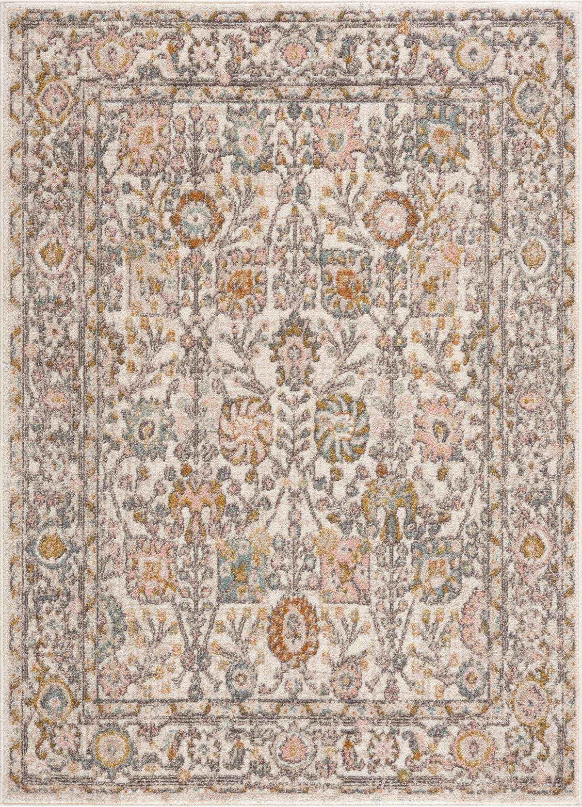 Herstmonceux elegant area rug featuring a sophisticated floral design in shades of charcoal, mustard, light gray, and dusty pink.