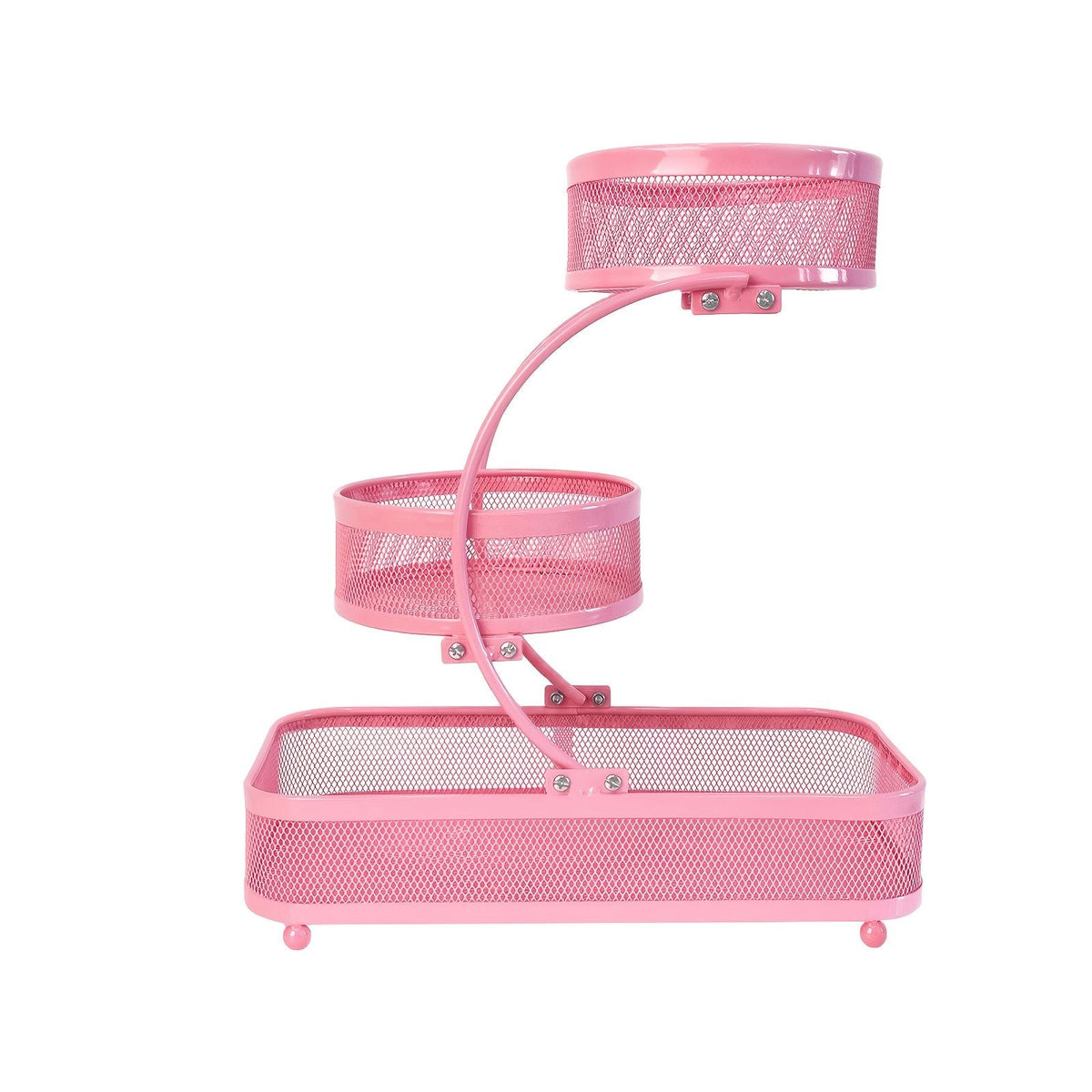 Pink 3-tier metal bathroom organizer with hooks reclaims counter space for skincare and toiletries