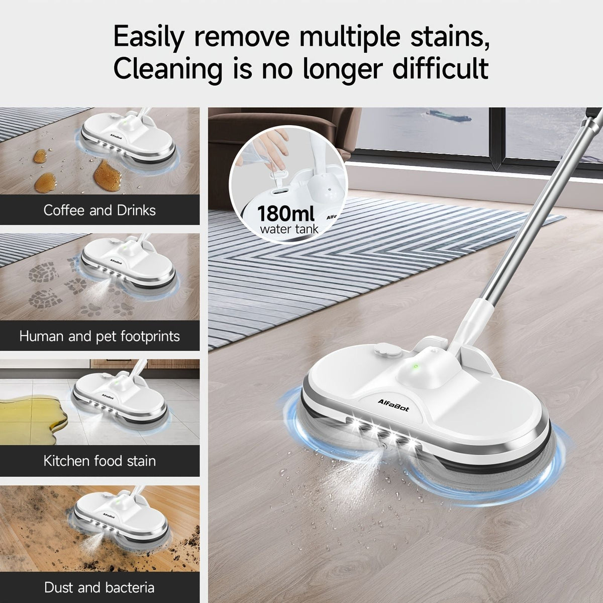Cordless electric spin mop with sprayer removing stains from hardwood floor with LED light and 180ml water tank