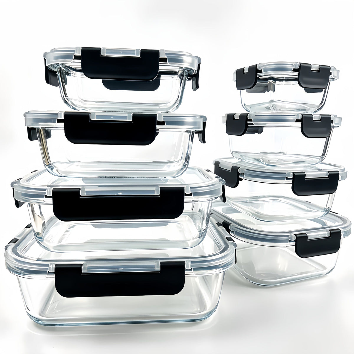 16-piece glass food storage containers with lids in black, microwave-safe glass with airtight lids for meal prep and leftovers