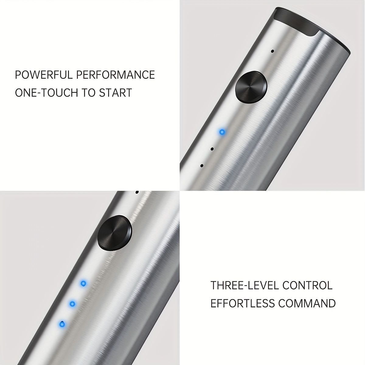Stainless steel rechargeable handheld milk frother with one-touch button and three blue speed indicators for effortless control