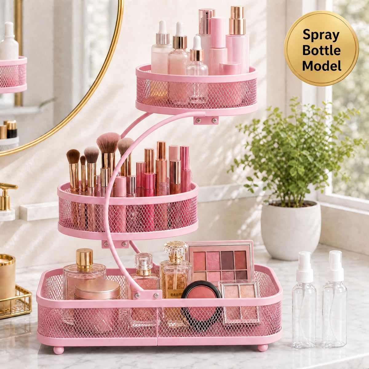 3-tier metal bathroom organizer in pink with spray bottle hooks holds makeup, skincare and toiletries