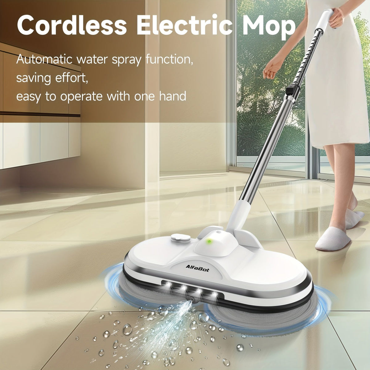 White cordless electric spin mop with sprayer in action on tile floor, LED light visible, one-hand operation