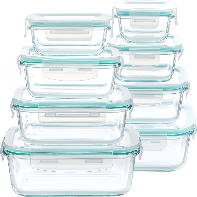 16-piece glass food storage containers with lids in turquoise, microwave-safe for meal prep and leftovers