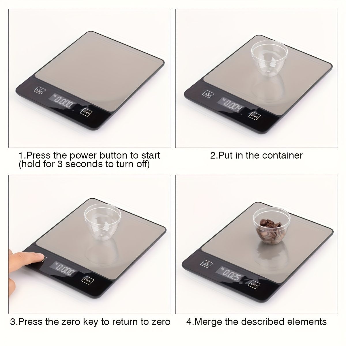 digital kitchen scale 22 lb with stainless steel surface and digital display showing step-by-step usage instructions