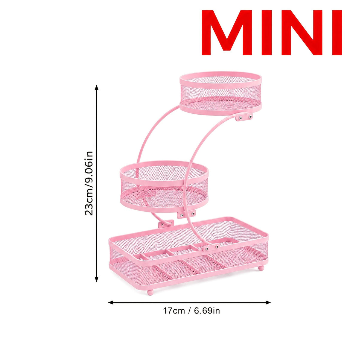 Mini Pink 3-tier metal bathroom organizer with hooks, compact countertop storage for makeup and toiletries