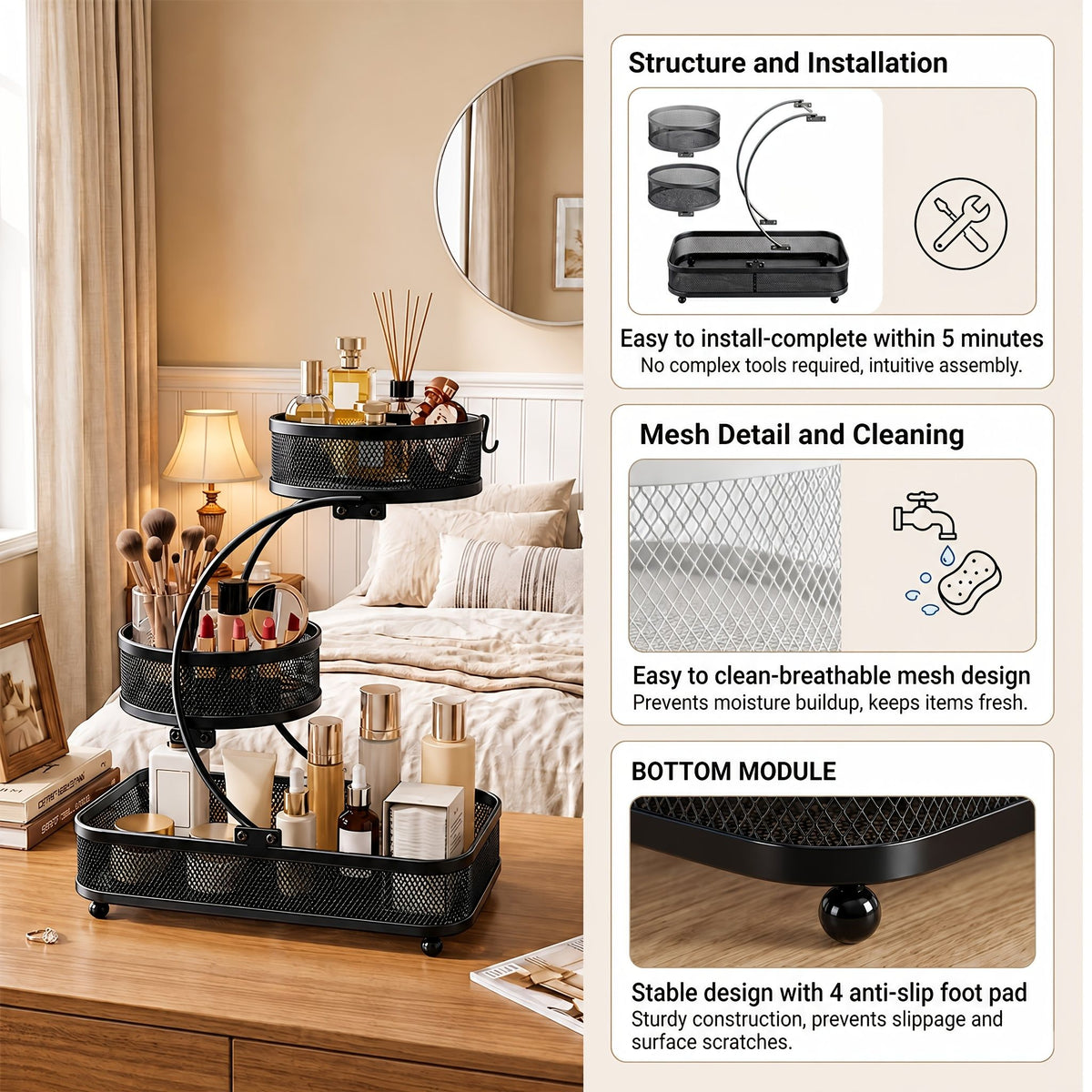 Black 3-tier metal bathroom organizer with hooks displaying makeup, skincare and toiletries on bedroom vanity