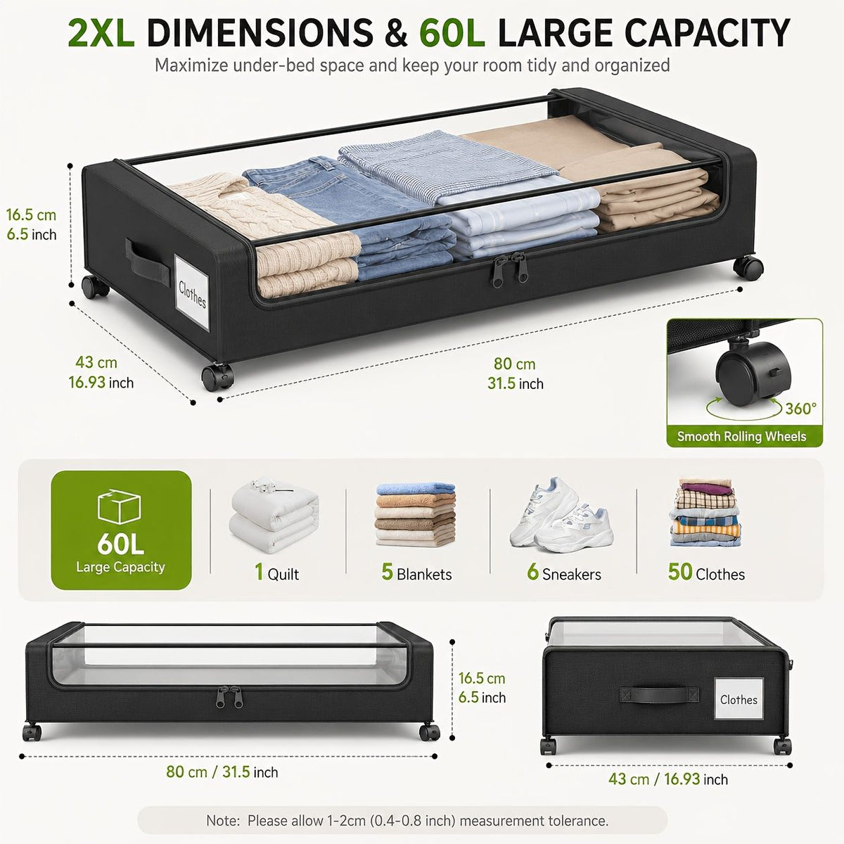 rolling under bed storage bins with wheels in black, displaying 65L capacity filled with folded clothes and blankets