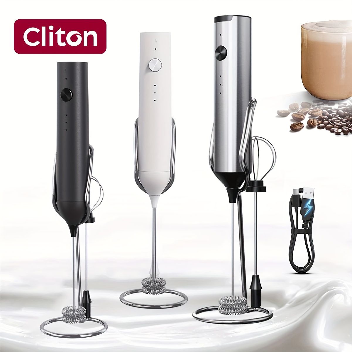 rechargeable handheld milk frother in black, white, and silver with dual whisk heads and charging cable displayed