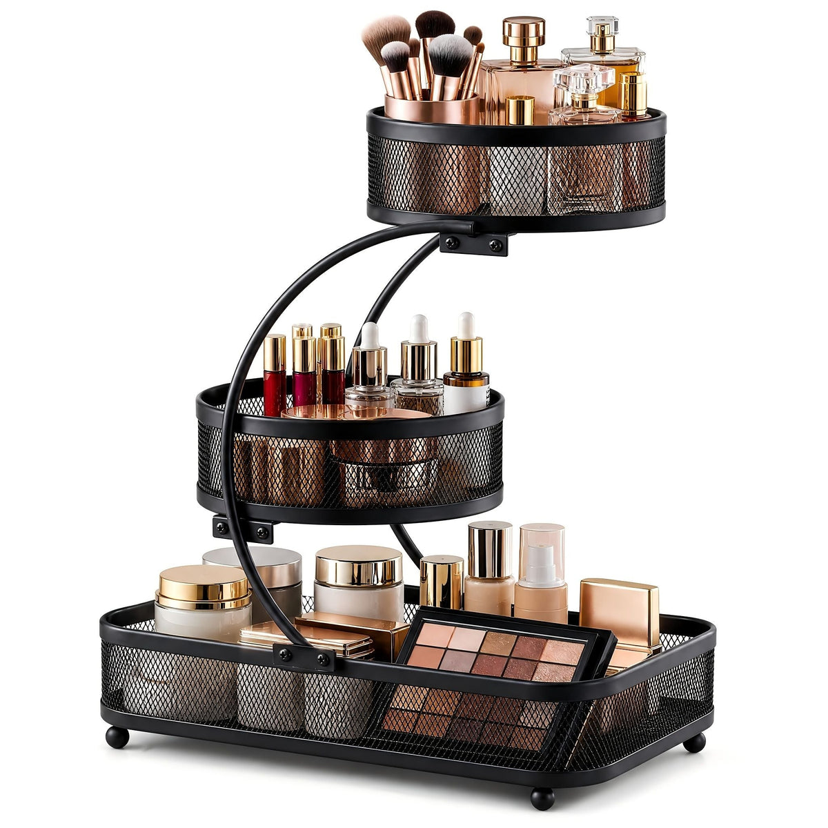 Black 3-tier metal bathroom organizer holding makeup, skincare bottles and brushes organized neatly on counter