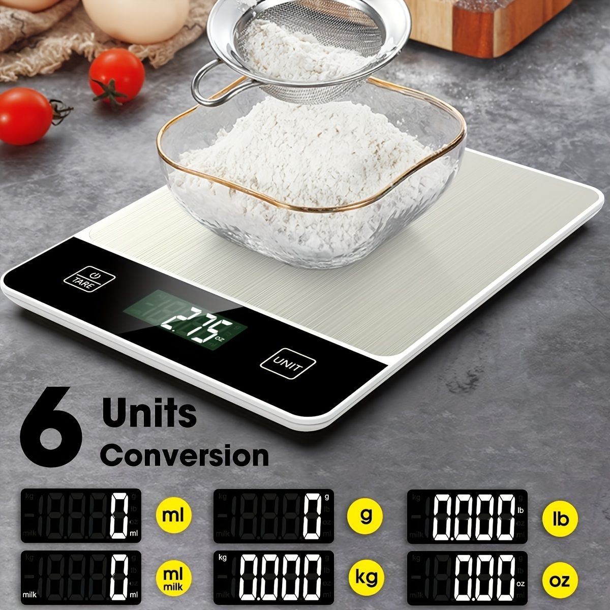 Digital kitchen scale 22 lb with stainless steel surface weighing flour in glass bowl, black display showing weight and unit conversion options