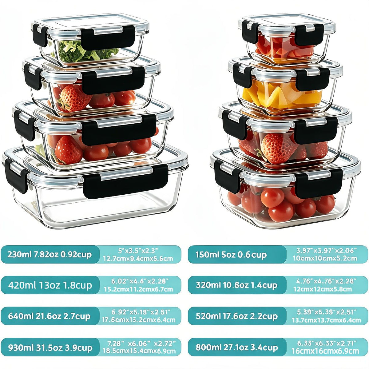 16-piece glass food storage containers with lids in various sizes with black handles, filled with fresh produce and meals