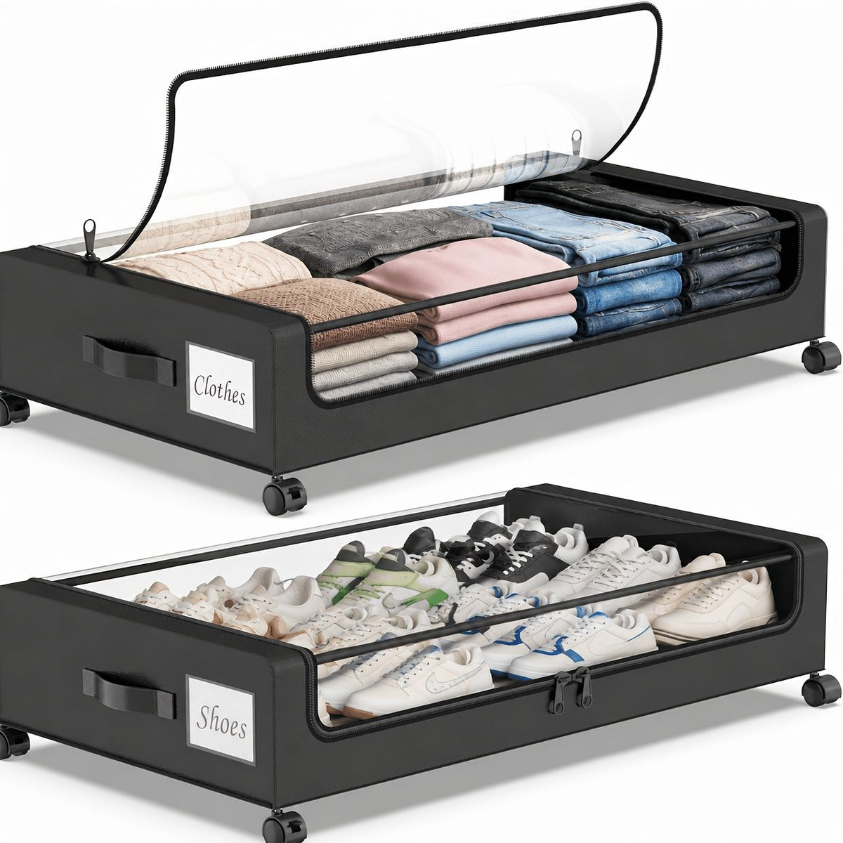 rolling under bed storage bins with wheels in black, holding folded clothes and shoes, 2-pack set