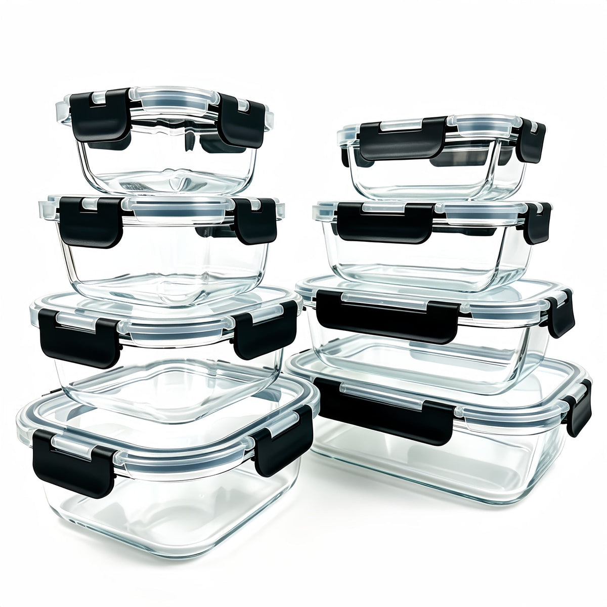 16-piece glass food storage containers with lids featuring black airtight locking mechanisms, displayed in two organized stacks showing various rectangular sizes