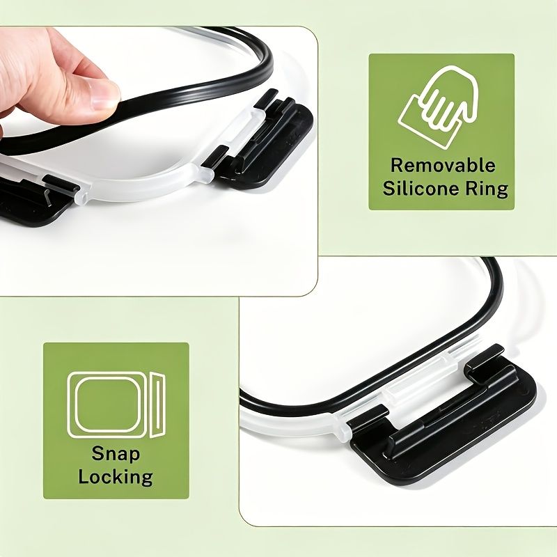 Glass food storage containers with lids featuring removable silicone ring and snap locking design