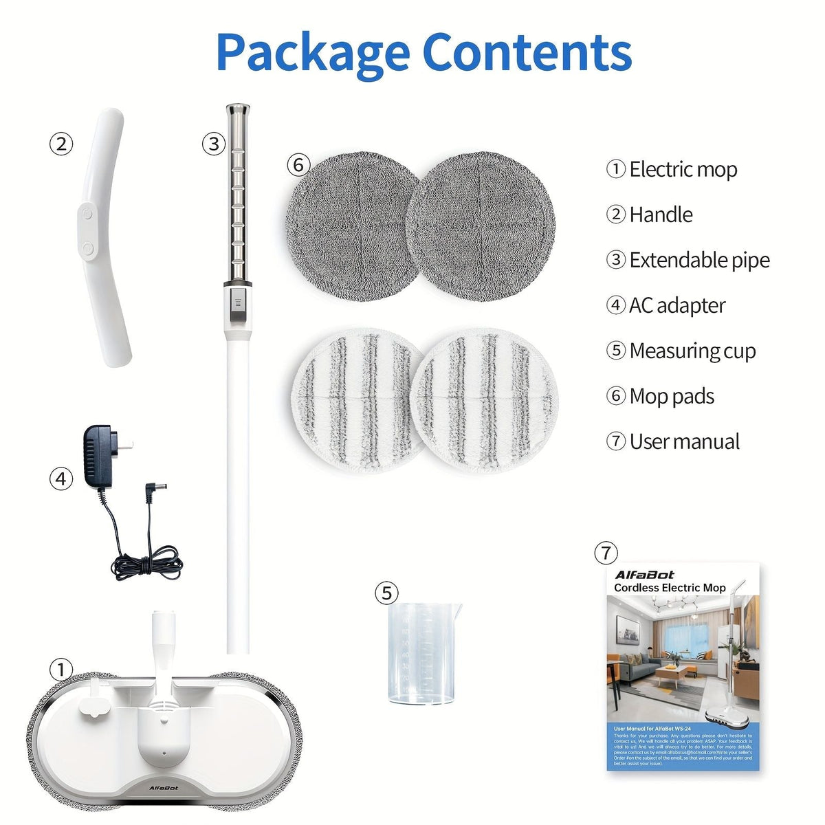 Cordless electric spin mop with sprayer complete package contents showing handle, mop pads, extendable pipe, sprayer, and accessories