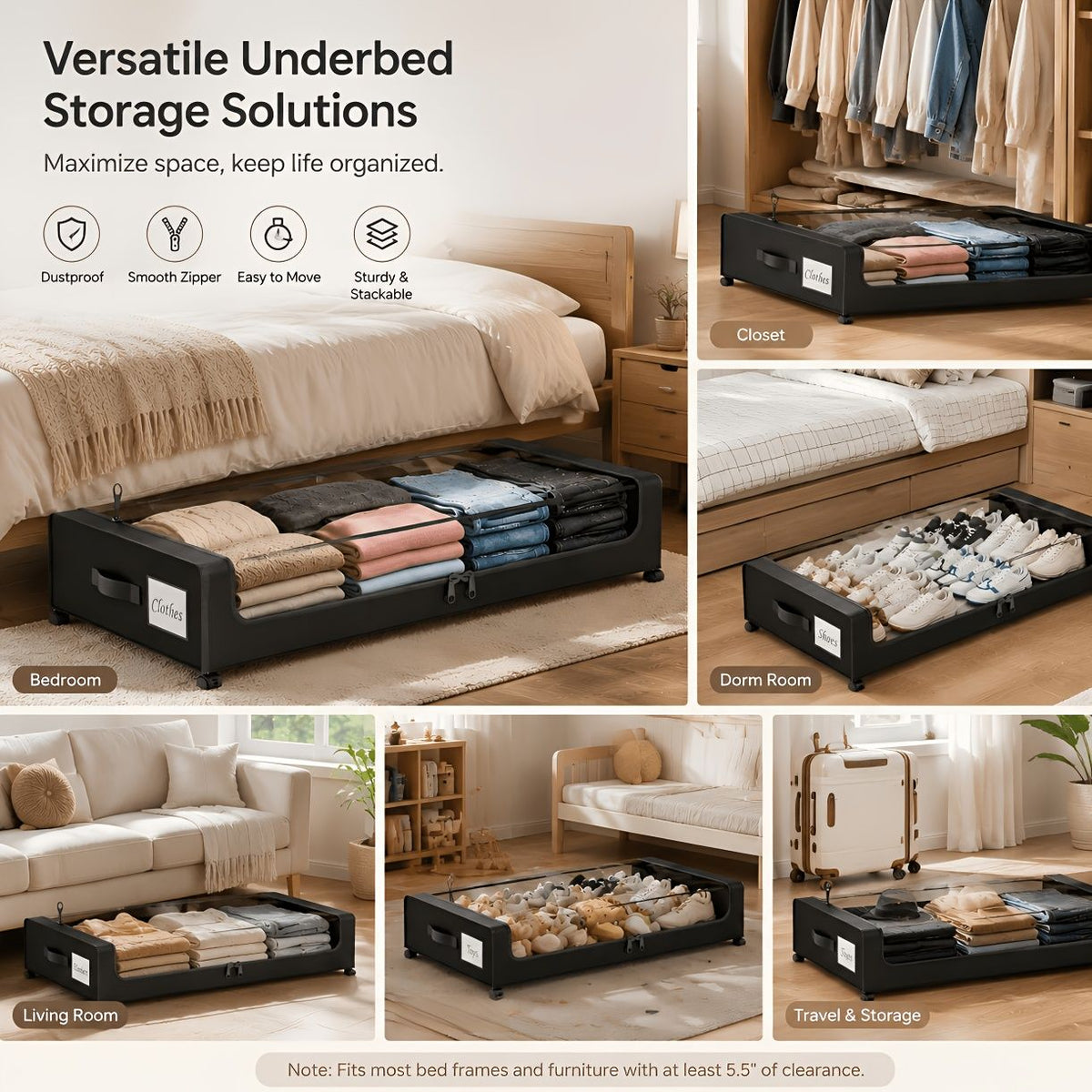 rolling under bed storage bins with wheels in black, filled with folded clothes and blankets