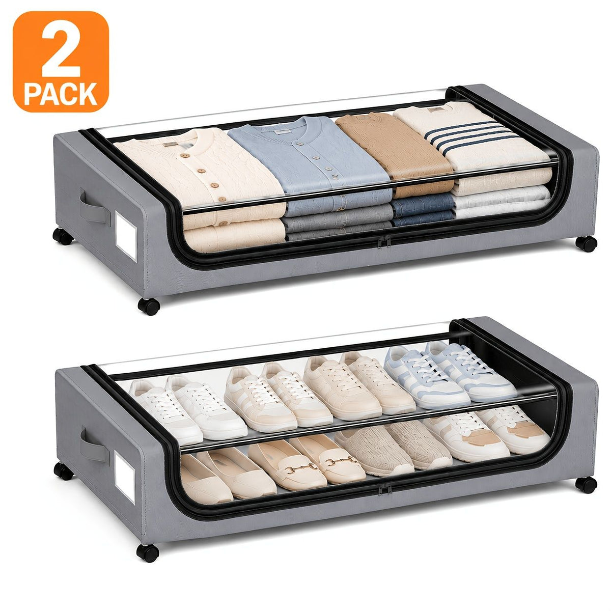 Grey rolling under bed storage bins with wheels holding folded clothes and shoes, 2-pack