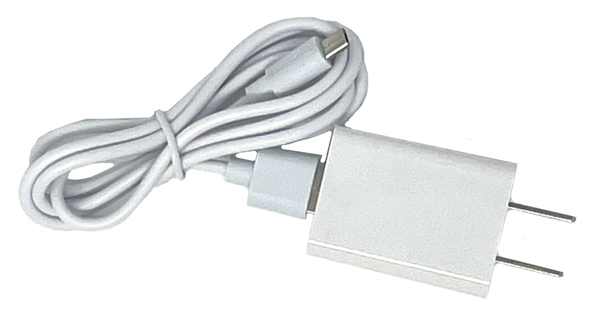 White USB charging cable and wall plug for the Relaxable eye massager