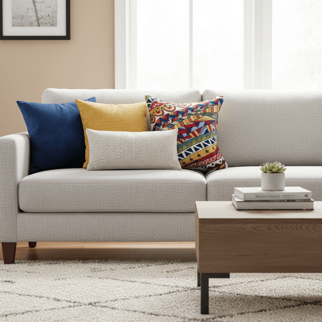 Multicolor geometric Turkish pillow cover styled on a living room sofa.