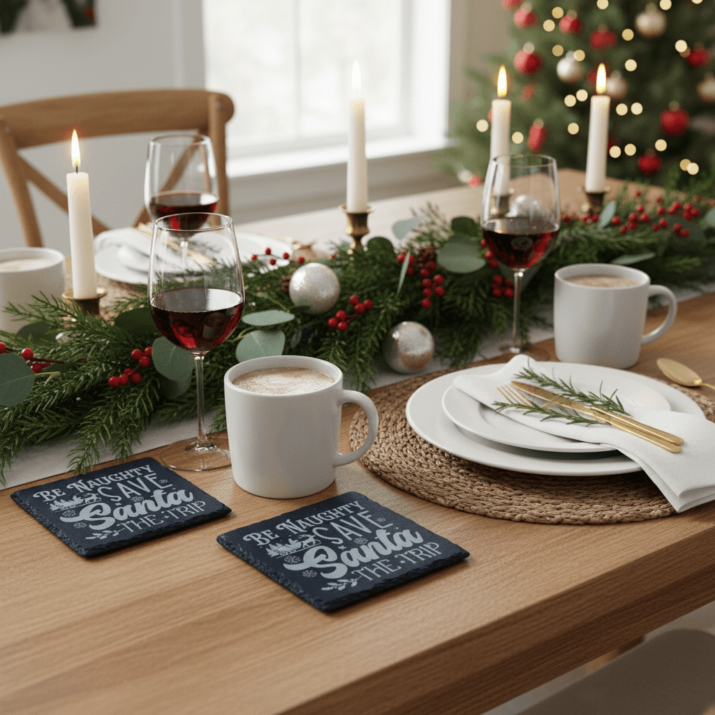 Funny Christmas slate coasters arranged in a holiday table setting.