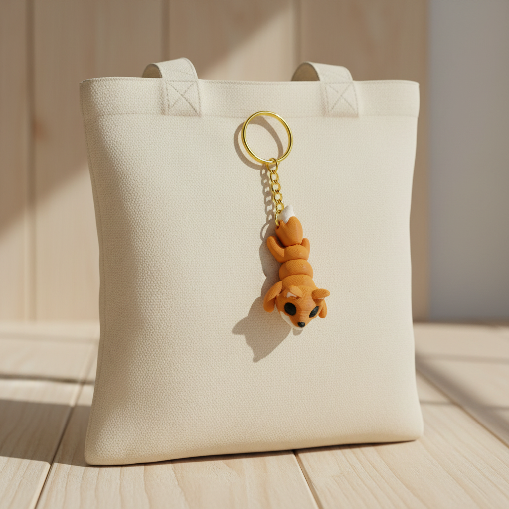 Sleepy fox keychain attached to a set of keys.
