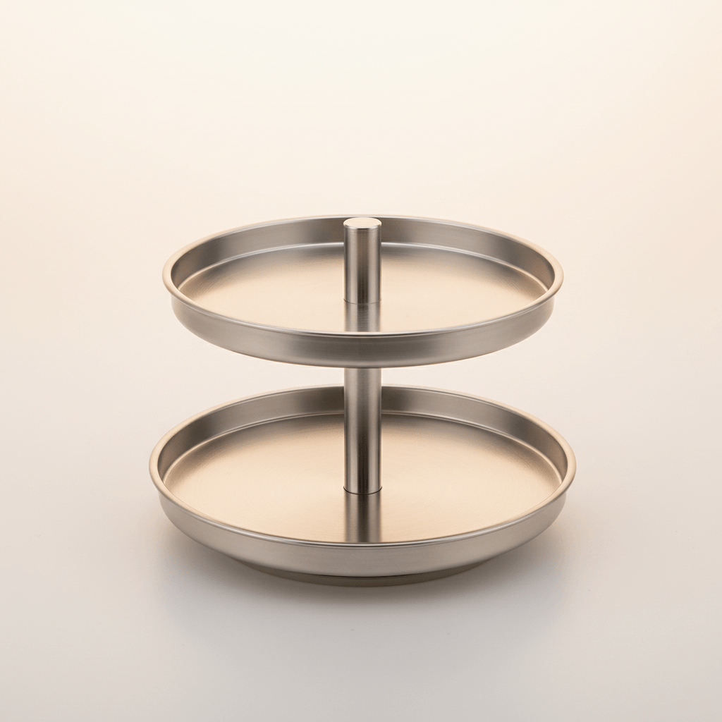 Stylish stainless steel lazy susan organizer for easy access to kitchen essentials and reducing countertop clutter.