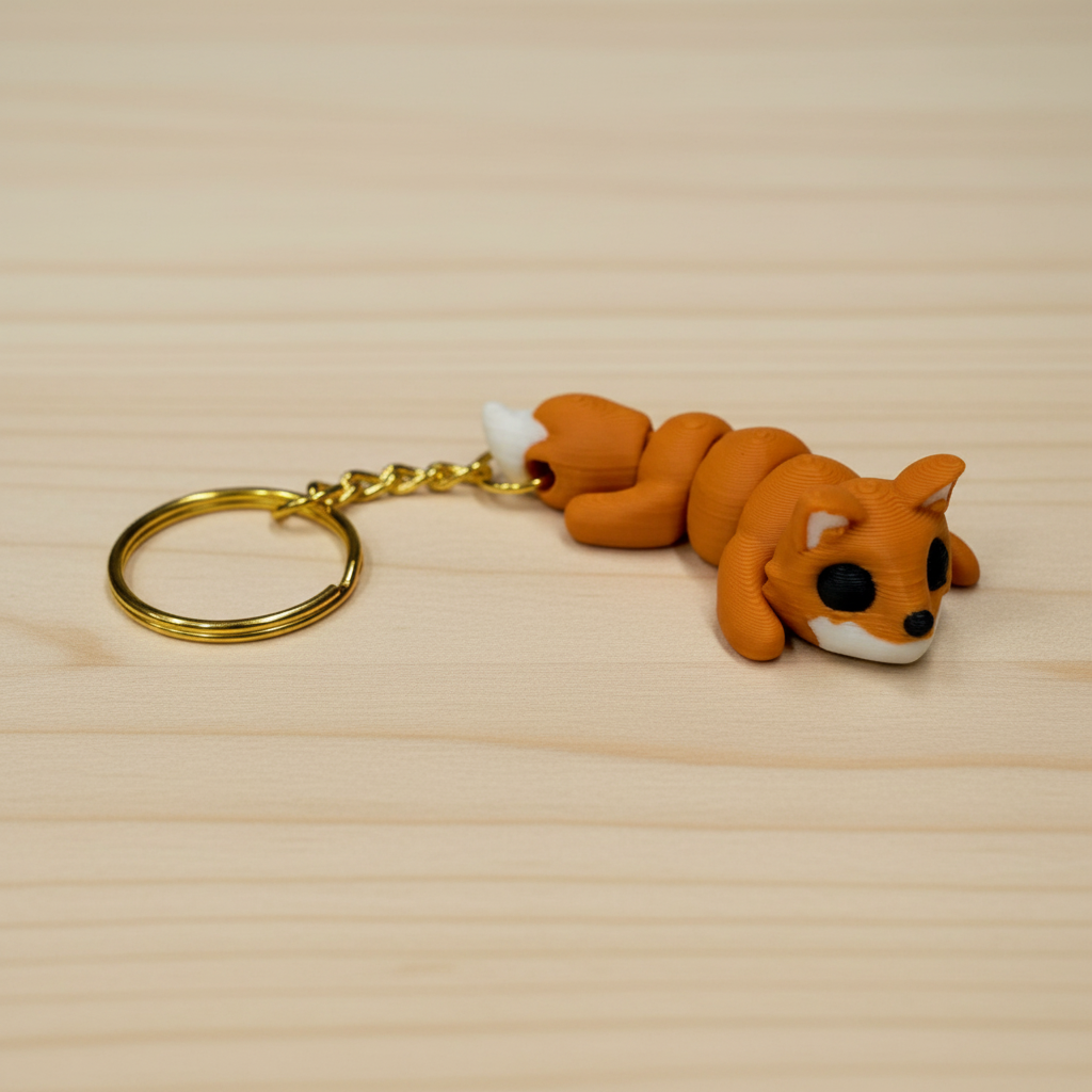 Close-up of the sleepy fox keychain's woodland charm design.