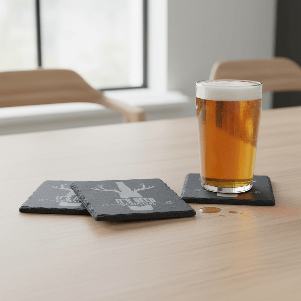 Beer Season slate coasters displayed on a table during a gathering.