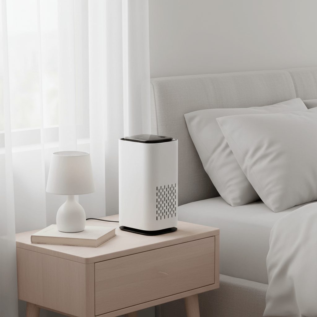 Portable H13 HEPA air purifier positioned on a bedside table next to a lamp and cozy pillows.