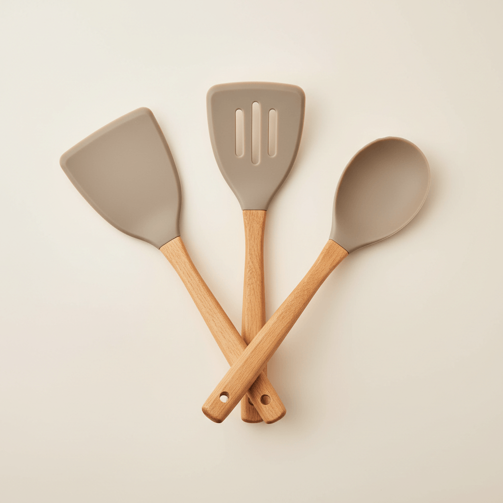 Acacia wood silicone turner set featuring a slotted and solid turner with silicone heads and natural wood handles.