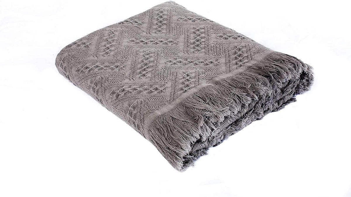 Kasentex 100% cotton knit throw blanket, 60 × 50 in, gray with fringe detail