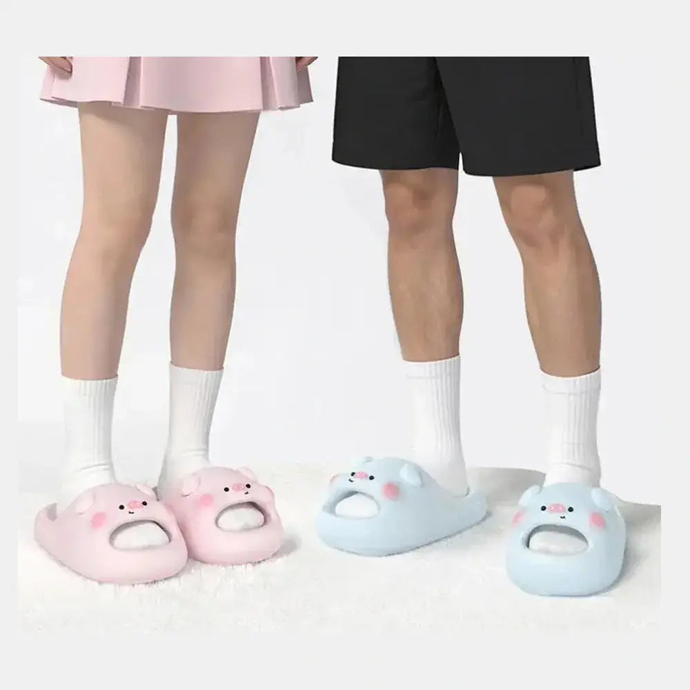 kawaii animal print cloud slippers worn by two people