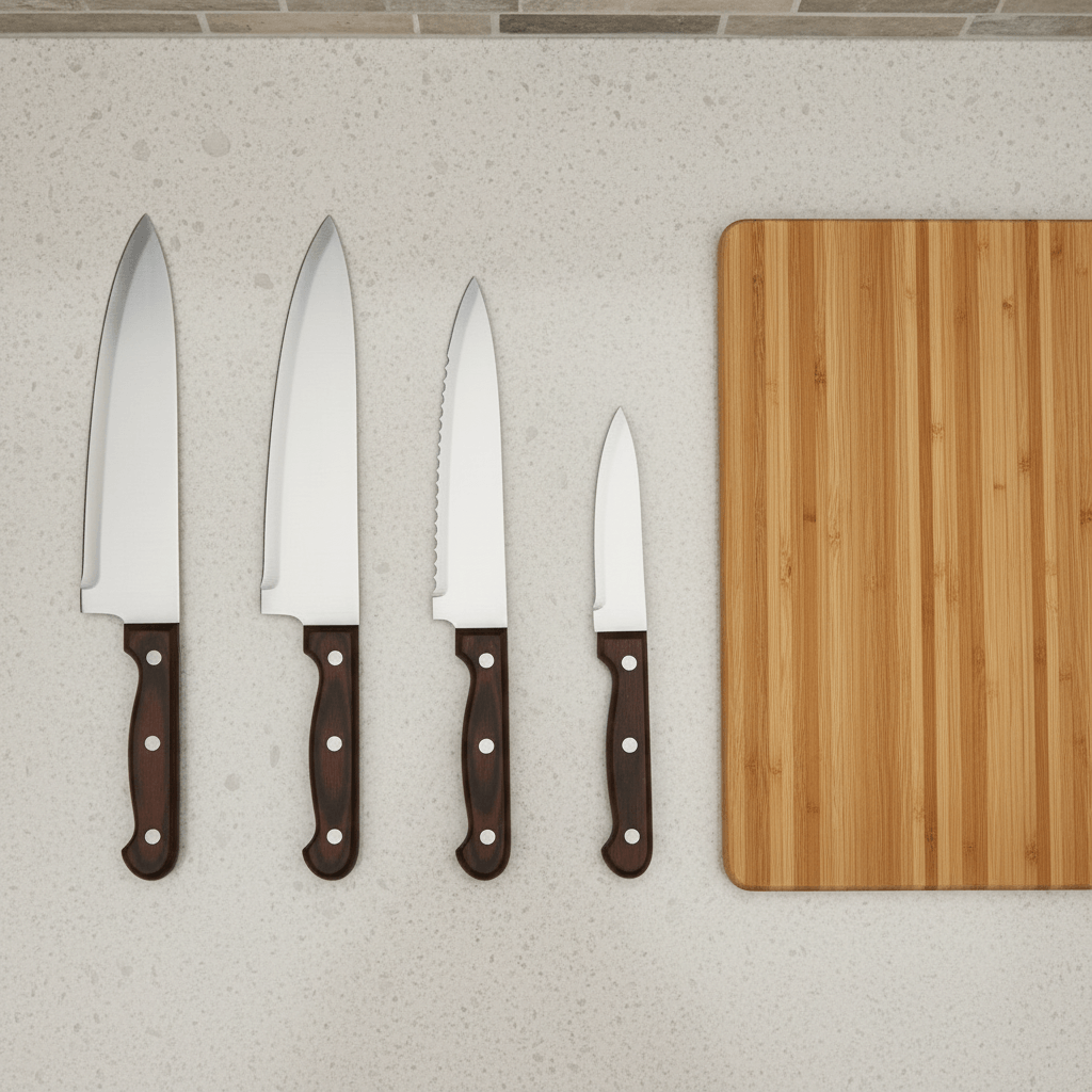 4-piece kitchen knife set including chef's, bread, utility, and paring knives on a countertop with a cutting board.