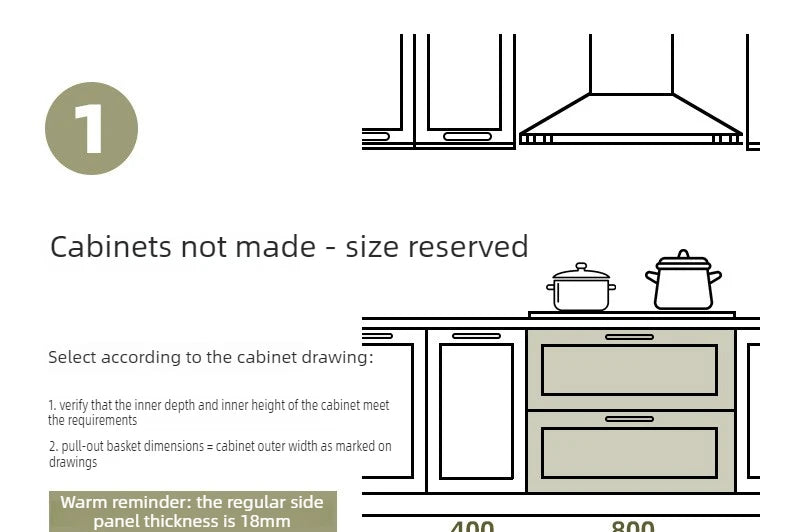 Cabinet sizing guide for Pull-Out Cabinet Organizer with Sliding Baskets, 600–800 mm dimensions and specifications.