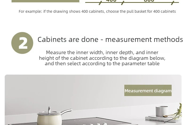 Measurement diagram for Pull-Out Cabinet Organizer with Sliding Baskets, 600–800 mm installation guidelines.