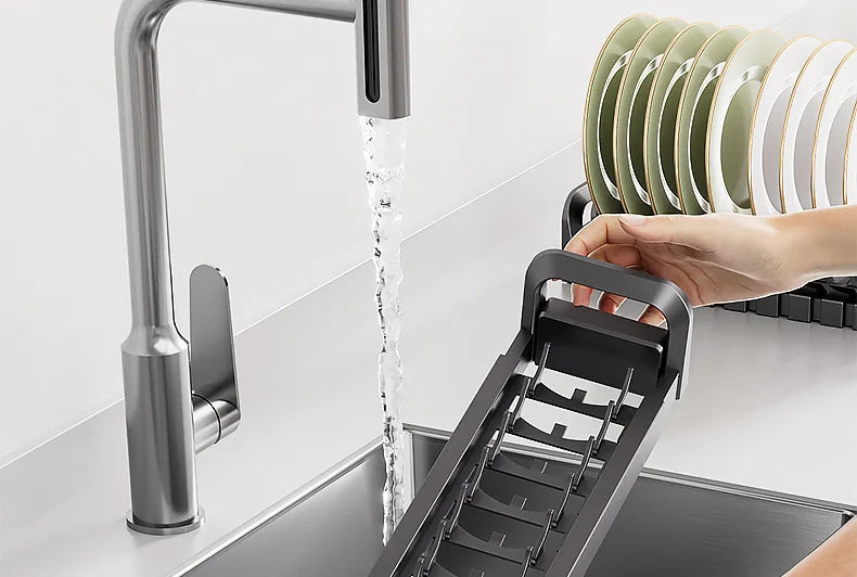 Pull-Out Cabinet Organizer with Sliding Baskets, 600–800 mm with dish rack under running water.