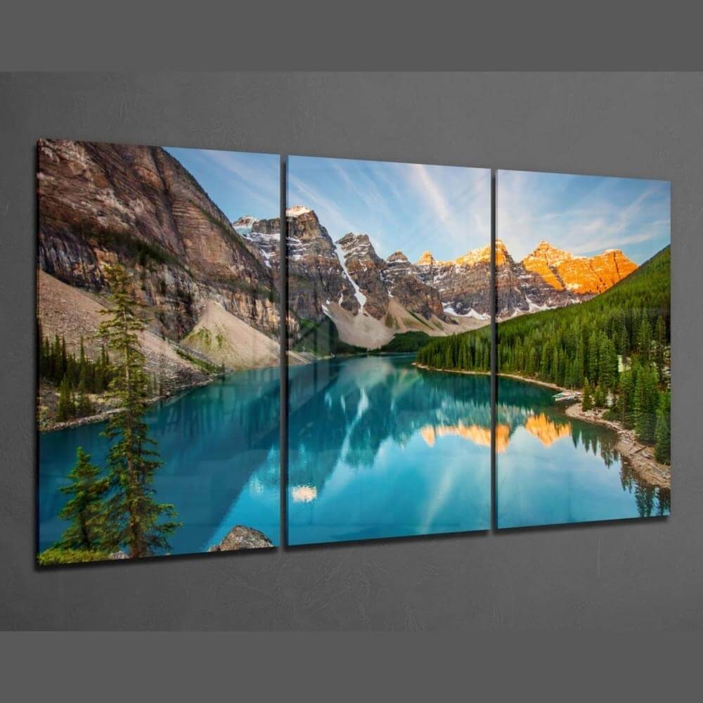 Large format tempered glass wall art featuring stunning mountain lake triptych decoration.