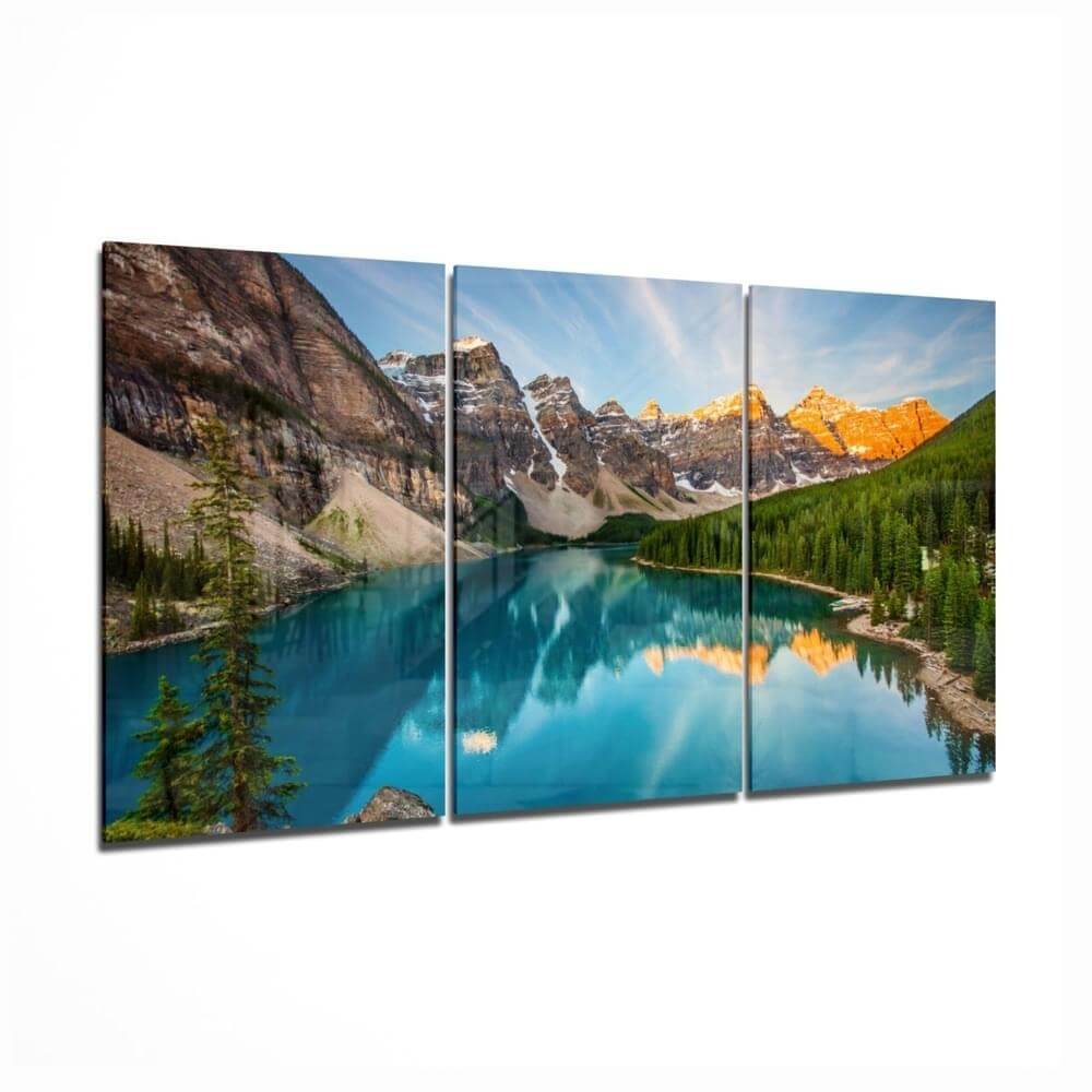 Large format tempered glass wall art showcasing a stunning lake and mountain landscape in a 3-panel triptych.