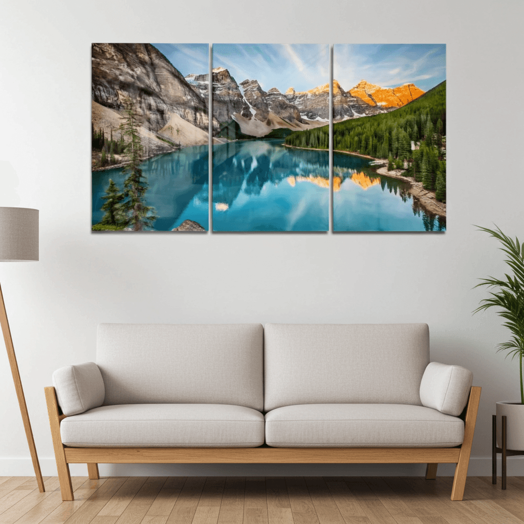 Adjustable steel mounting hardware included with the tempered glass wall art triptych