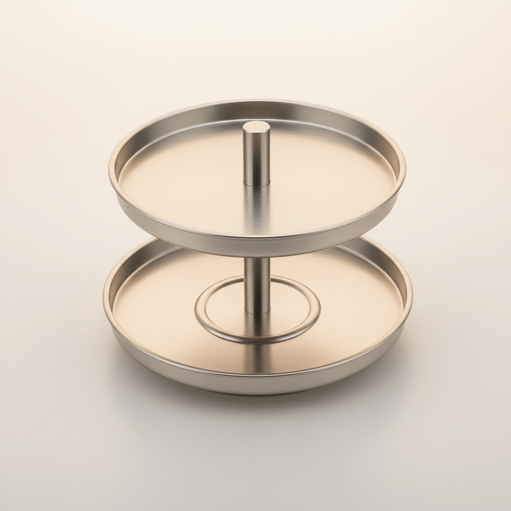 Stainless steel lazy susan organizer featuring two tiers for easy access to kitchen essentials.
