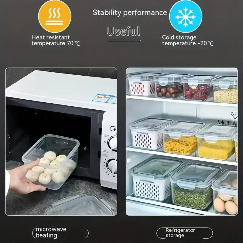 Leak-Proof Food Storage Containers, 4- or 6-Piece Sets in microwave and refrigerator showcasing heat and cold stability.